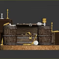 Vintage Adventure Scene Setup With Wooden Barrels Treasure Chest And Candlesticks