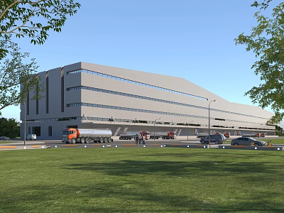 Modern Industrial Factory Building with Large Windows Trucks in Front Parking Area and Green Lawn 3d model