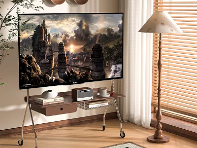 Large Scenic View TV In Living Room With Wooden Table Floor Lamp And Blinds 3d model