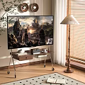 Large Scenic View TV In Living Room With Wooden Table Floor Lamp And Blinds