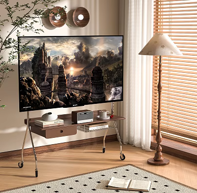 Large Scenic View TV In Living Room With Wooden Table Floor Lamp And Blinds 3d model
