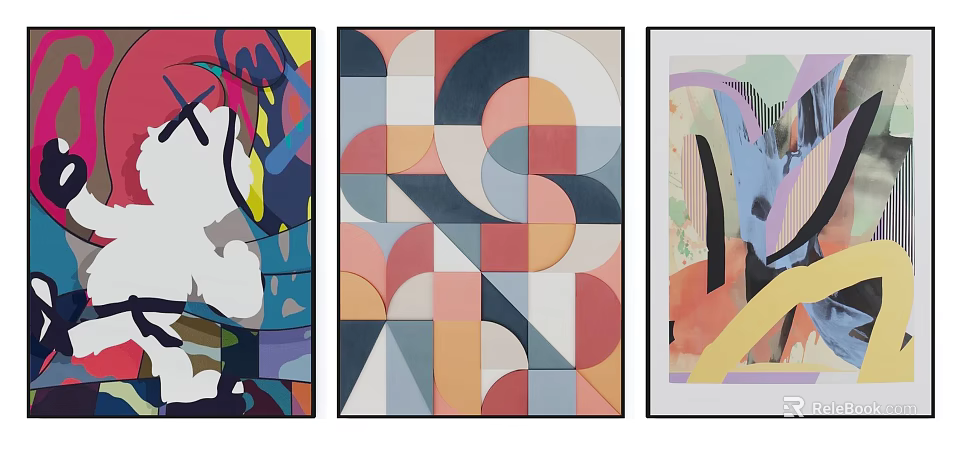 Abstract Paintings With Geometric Patterns Vibrant Colors And Framed Artworks 3d model