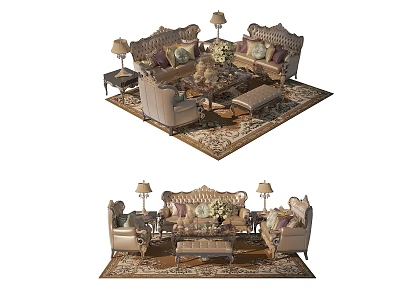 Elegant Ornate Sofa Coffee Table Combination With Decorative Pillows Side Lamps And Rug 3d model