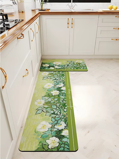 Fresh Green Floral Pattern Square Rug In Kitchen With White Cabinets 3d model Fresh Green Floral Pattern Square Rug In Kitchen With White Cabinets 3d model