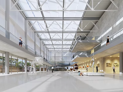 Modern Cultural Center Interior With Glass Roof And Art Exhibits 3d model