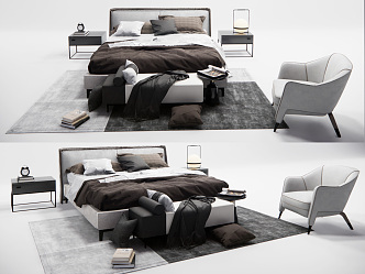 Modern Double Bed Double Bedside Chair 3d model