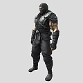 Game Movie Character In Black Combat Suit With Masked Face And Armored Gear