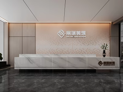 Modern Reception Desk With Company Logo And White Marble Counter On Wooden Textured Wall 3d model