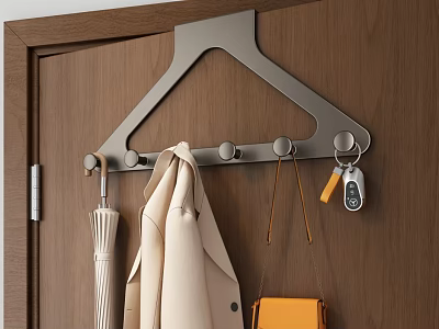 Modern Metal Door Hook With Coat Umbrella Bag And Keys Hanging On Wooden Door 3d model