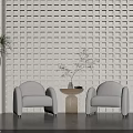 Modern Beige Casual Sofa Set With Two Armchairs Small Side Table And Grid Patterned Wall 3d model