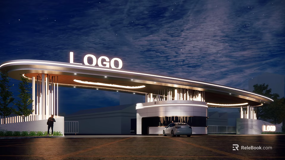 Modern Entrance Gate Design With Illuminated LOGO Night View And Car 3d model 