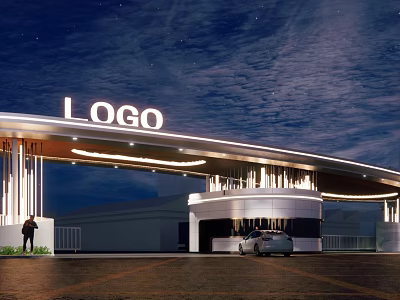 Modern Entrance Gate Design With Illuminated LOGO Night View And Car 3d model