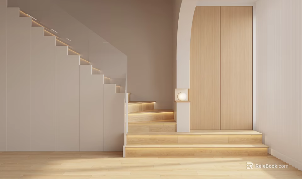 Modern Wooden Stairs Design With LED Lighting And Minimalist Interior Style 3d model 
