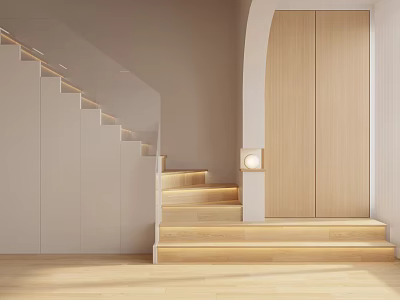 Modern Wooden Stairs Design With LED Lighting And Minimalist Interior Style 3d model