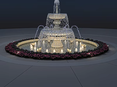Ornamental Multi Tiered Water Fountain With Circular Flower Bed And Illuminated Lights 3d model