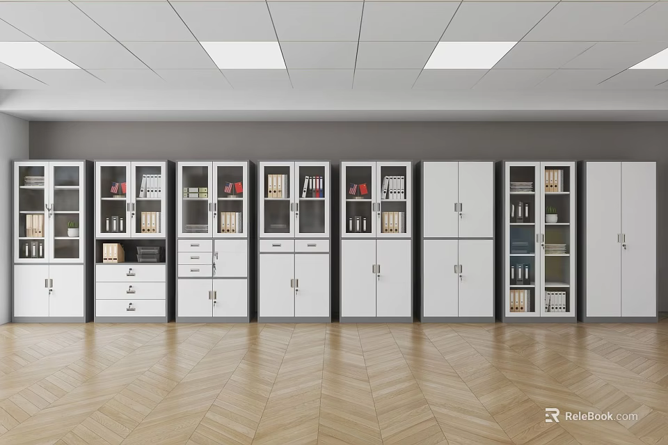 Modern White Bookcases With Glass Doors And Storage Cabinets In Room 3d model 