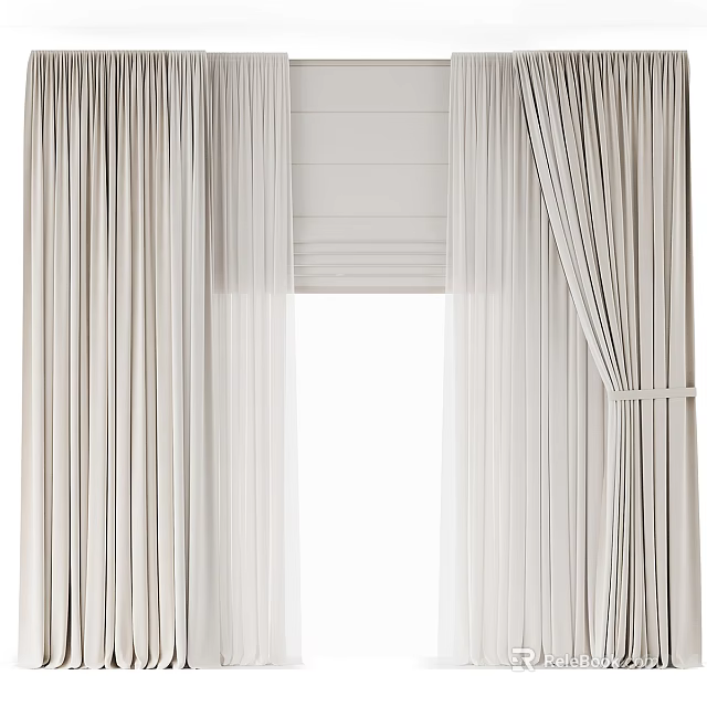 Soft Beige Linen Curtains With Pleated Design For Modern Window Decoration 3d model