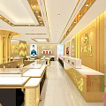 Elegant Luxurious Jewelry Store Interior With Golden Decor Glass Display Counters And Chandeliers