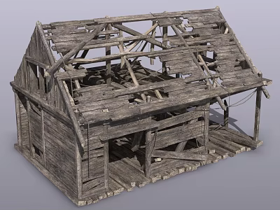 Dilapidated Abandoned Wooden House Structure With Exposed Wooden Frame And Broken Planks 3d model