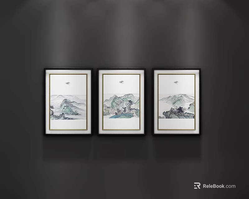 Three Framed Traditional Landscape Paintings With Mountains Water And Wall Decor 3d model 