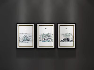 Three Framed Traditional Landscape Paintings With Mountains Water And Wall Decor 3d model
