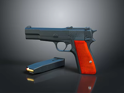 Modern Pistol With Red Grip And Detachable Magazine On Black Surface 3d model