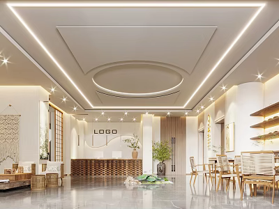 Modern Bright Hotel Lobby Interior With Circular Ceiling Lighting Wooden Reception Desk And Green Plants 3d model