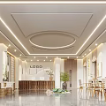 Modern Bright Hotel Lobby Interior With Circular Ceiling Lighting Wooden Reception Desk And Green Plants