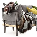 Gray Sofa With Green Yellow Pillows And Plaid Fur Blankets On Wooden Legs
