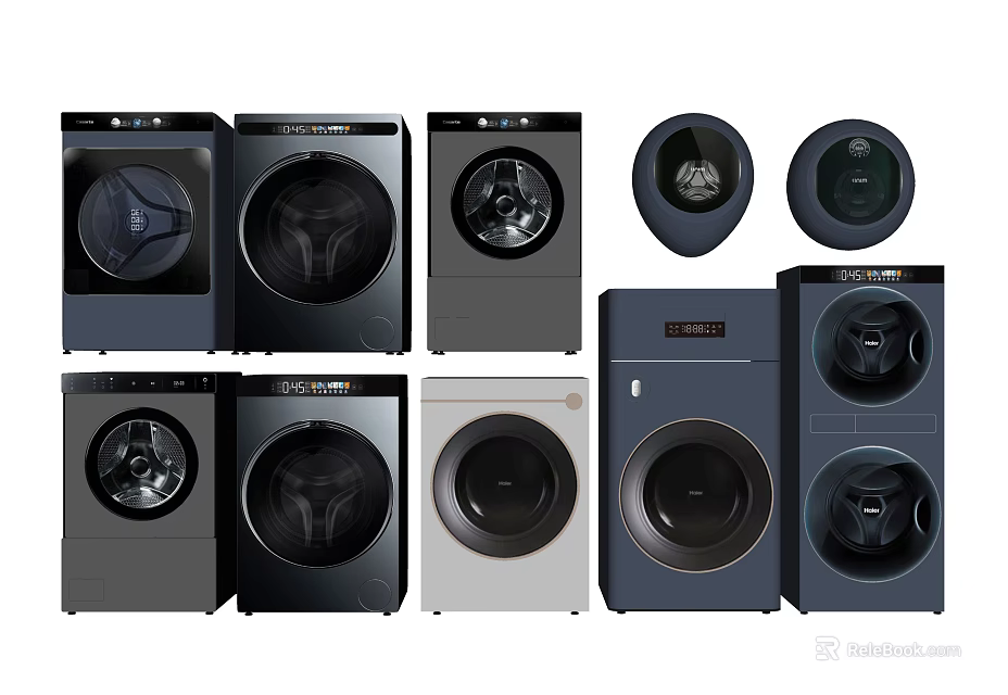 Modern Front Load Washing Machines In Black Gray White Colors And Various Styles 3d model 