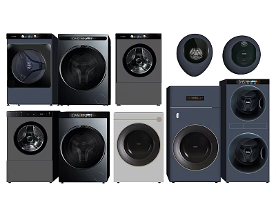 Modern Front Load Washing Machines In Black Gray White Colors And Various Styles 3d model