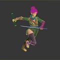 Woman in red black outfit holding two swords with dark hair in dynamic fighting stance