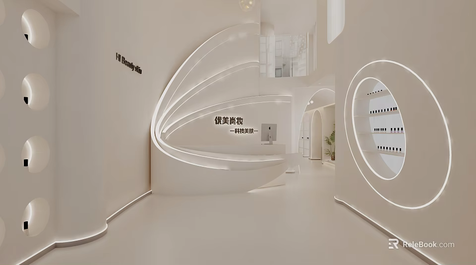 Modern White Beauty Hair Salon With Curved Design Reception Desk And Display Shelves Lighting 3d model 