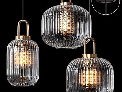 Modern Ribbed Glass Pendant Lights with Gold Metal Accents and Illuminated Design 3d model