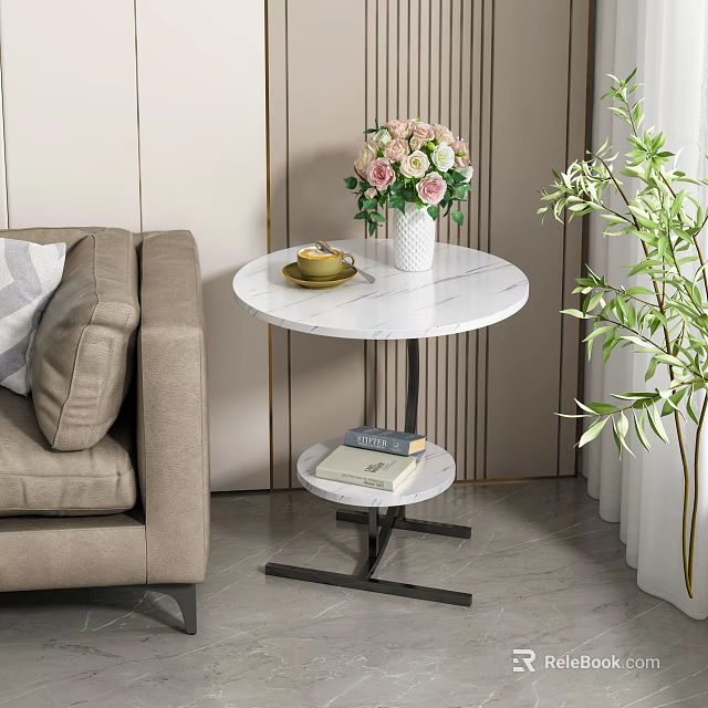 Beige Sofa and Round Marble Coffee Table Set With Gold Tray Vase Books Green Plant 3d model 