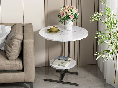 Beige Sofa and Round Marble Coffee Table Set With Gold Tray Vase Books Green Plant 3d model