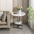 Beige Sofa and Round Marble Coffee Table Set With Gold Tray Vase Books Green Plant
