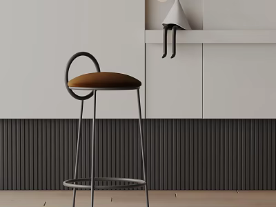 Minimalist Bar Stool Featuring Metal Frame And Brown Cushion In Modern Interior With Wall Panel 3d model
