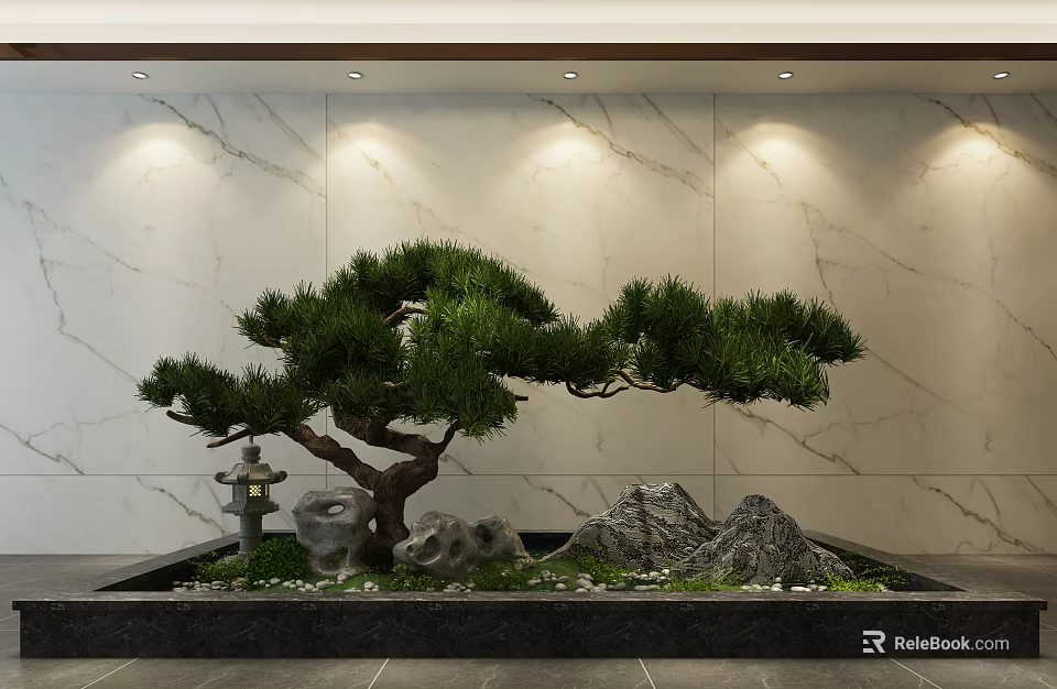 Serene Garden Ornament With Bonsai Pine Tree Stone Lantern Rock Formations Pebbles And Marble Wall 3d model 