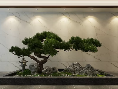 Serene Garden Ornament With Bonsai Pine Tree Stone Lantern Rock Formations Pebbles And Marble Wall 3d model