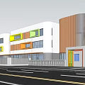 Modern School Building Exterior Design With Students Pedestrians And Green Areas Along Road