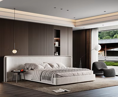 Modern Bedroom Interior With Gray Bed Dark Walls Window View And Area Rug 3d model