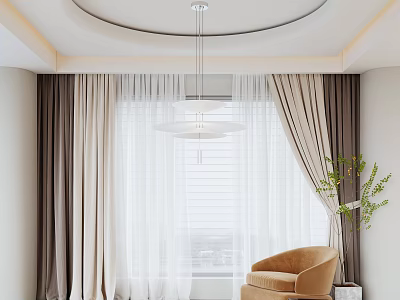 Modern Double Layer Brown And White Curtains In Elegant Living Room With Chair And Plant 3d model