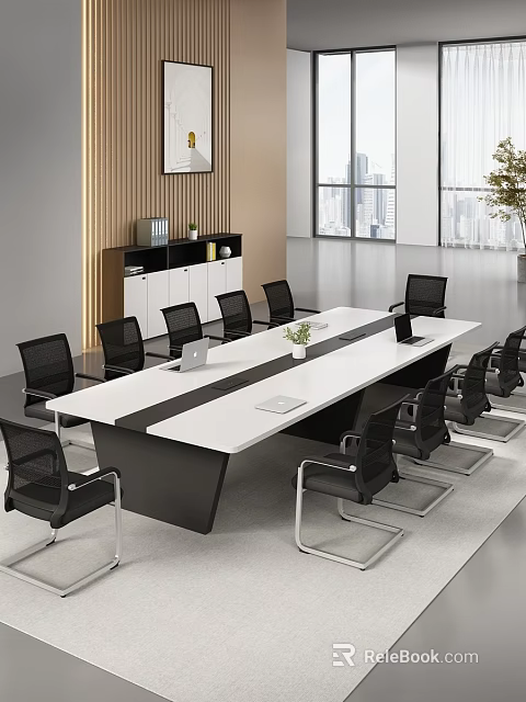 Modern Conference Room With Large Meeting Table Black Mesh Chairs And City View 3d model 