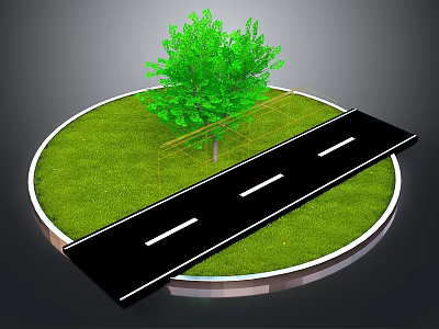 Circular Grass Field With Green Tree And Black Road With White Lines 3d model
