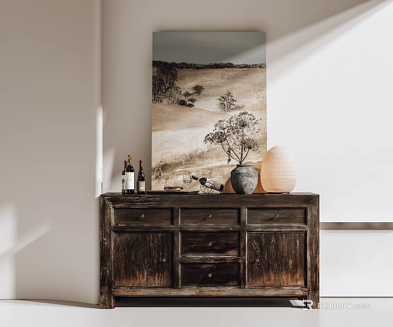 Rustic Entryway Console Cabinet With Drawers Painting Vase And Wine Bottles 3d model