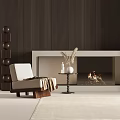 Modern White Single Sofa with Brown Wooden Wall Fireplace and Small Round Table Decorations