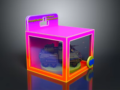Collectible Tank Model In Transparent Pink Orange Gradient Display Box With Blue Circular Sticker 3d model