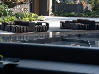 Black Outdoor Sofa Set In Modern Patio With Lush Greenery And Water Feature 3d model