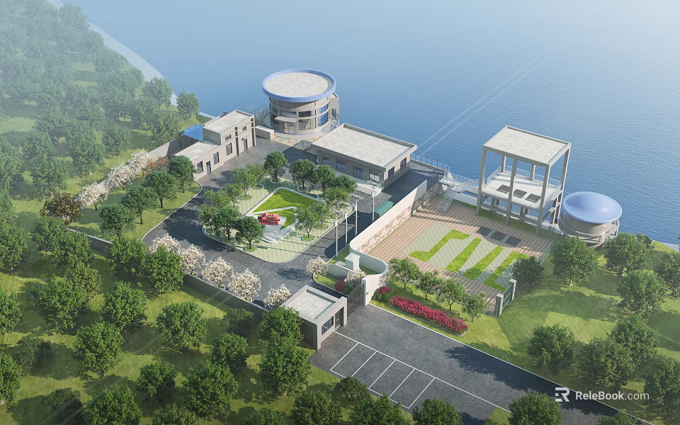 Industrial Factory Building With Modern Circular Roof Green Landscaping And Parking Lot 3d model 